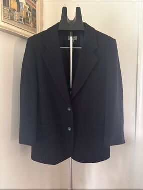LL Bean Navy Single-Breasted Wool Blazer 12P Wool Cashmere Blend Classic Career
